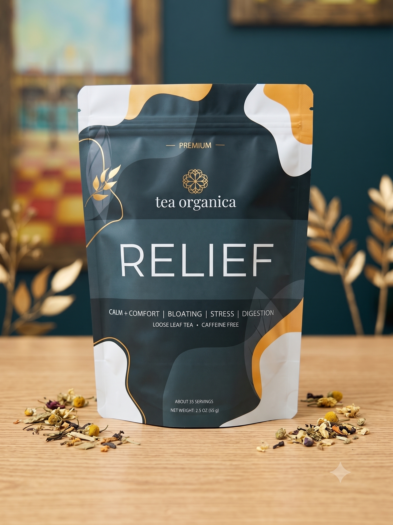 A stand-up pouch of tea organica Relief loose leaf tea stands on a wooden surface with scattered tea blend around it. The pouch is dark charcoal/black with abstract white and mustard-gold shapes and large white 'RELIEF' text.